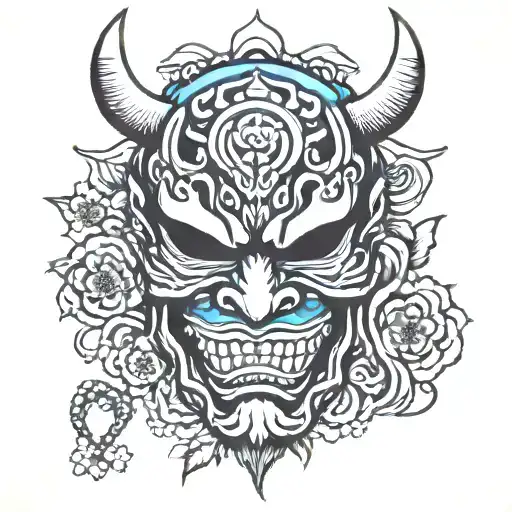 Cherry Blossoms Falling On Oni Mask Surrounded By The Sun