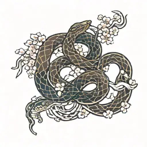Multiple Snakes Intertwined With A Cherry Blossom Tree