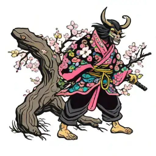 Bright Pink Cherry Blossom Tree With A Geisha Demon Yokai Wearing A Vibrant Colorful Yukata Horror