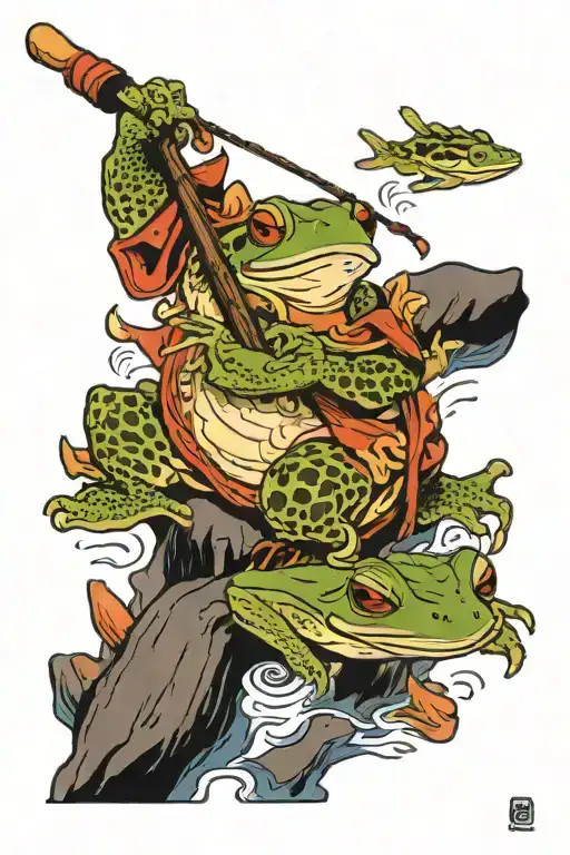 Japanese Kaeru Frog Fishing On A Blowfish