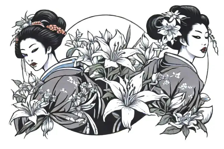 Geisha With Lily Flowers Growing