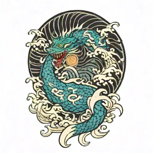 A Japanese Azure Dragon Flying With Wave Pattern Background