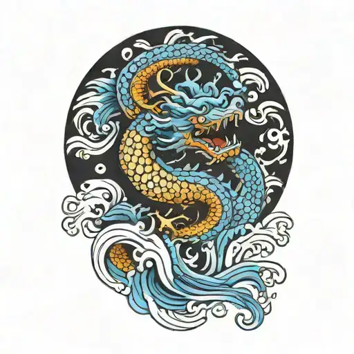 A Japanese Azure Dragon Flying With Wave Pattern Background