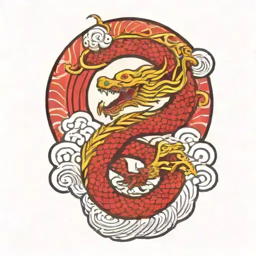 A Japanese Dragon Flying With Wave Pattern Background