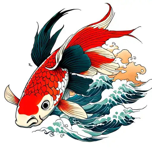 Koi Fish Samurai Warrior Waves Cloud