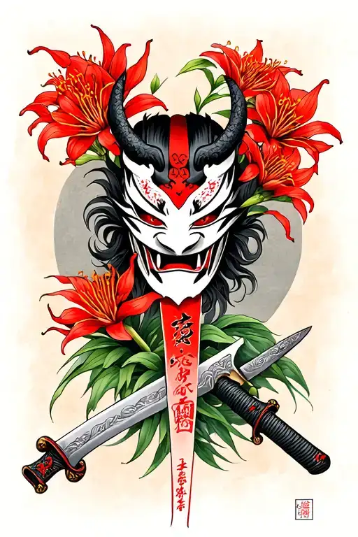 Katana With An Oni Mask Cut In Half Hanging And Stuck In A Floor Of Red Spider Lilies