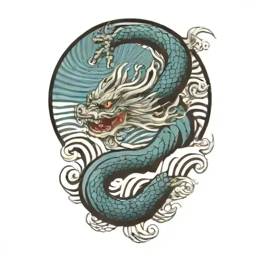 A Japanese Dragon Flying With Wave Pattern Background