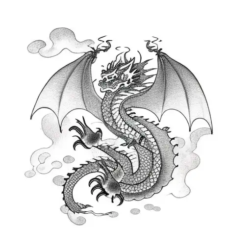 Dragon With Fire And Fish And Sea
