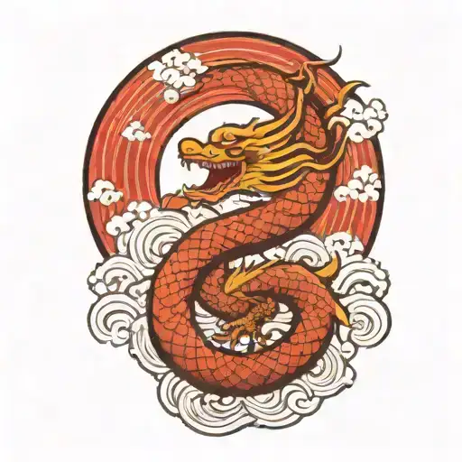 A Japanese Dragon Flying With Wave Pattern Background