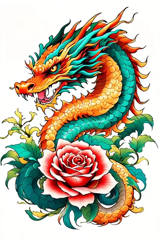 Japanese Dragon And Rose Intertwined