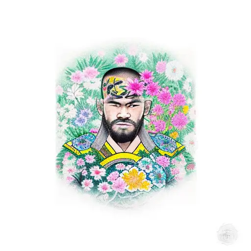 A Realistic Portrait Of A Jiu-jitsu Fighter Surrounded By A Colorful Garden Of Flowers