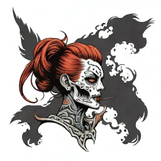 Red Haired Woman With Half Skull Head Profile Holding