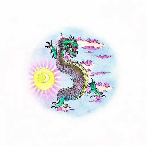 Dragon Circling The Cherry Blossom Tree Of Life With A Japanese Sun In The Background