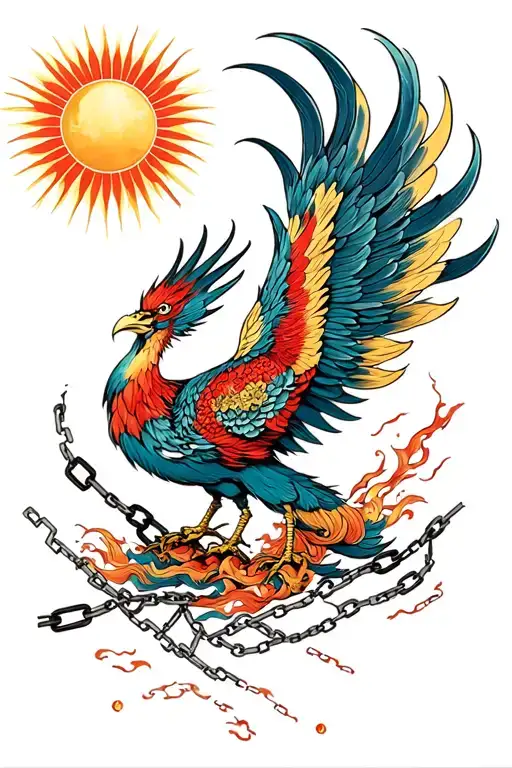 Japanese Phoenix With Sun And Chains Breaking And Bursting