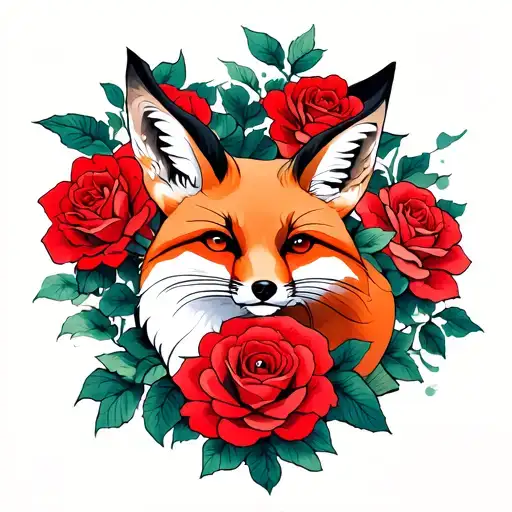 Several Red Roses And In The Middle A Fox Looking Towards The Sky