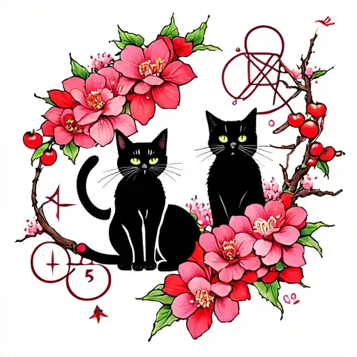Back Tattoo With Red And Pink Cherry Blossoms And Witchcraft Signs Mo Tarot Pentacles Cat Symbols