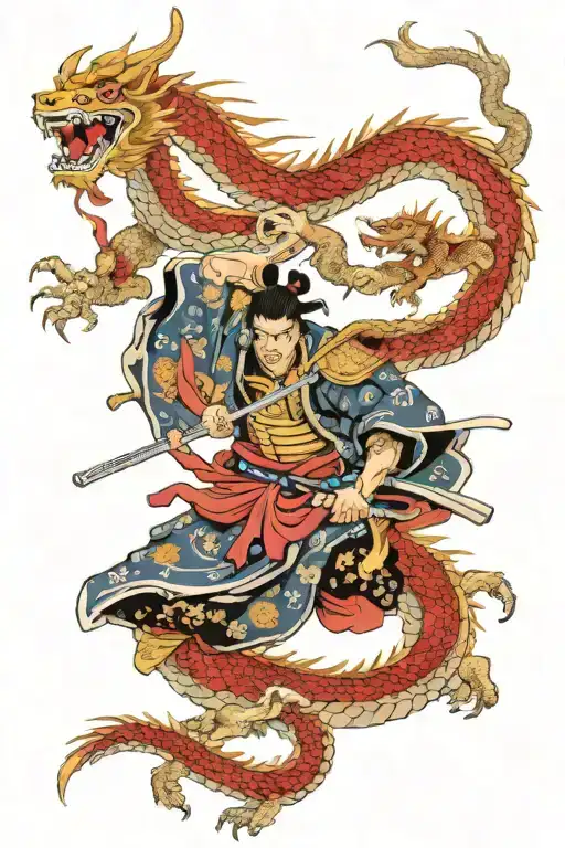 Samurai Warrior Defending His Family From A Dragon