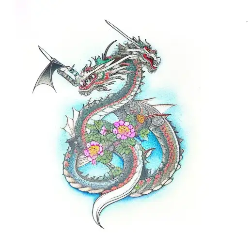Dragon With Sword And Flowers