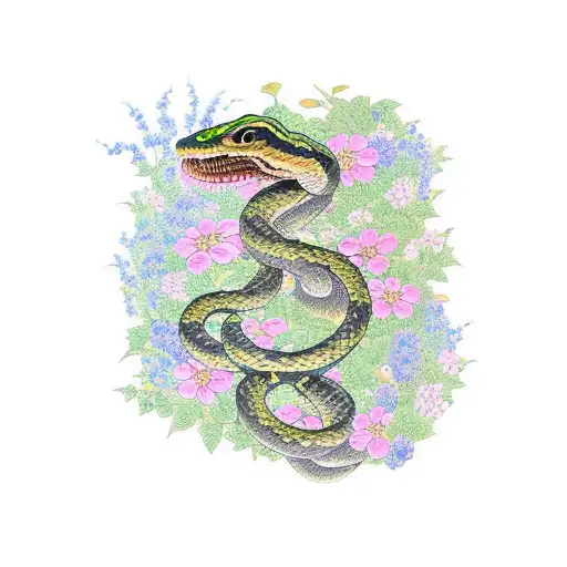 A Snake Coiling Around A Trail Of Flowers And Vines