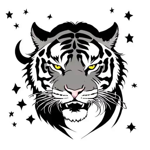 Tiger With Stars And Moon In The Back