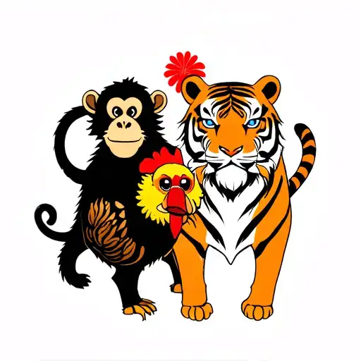 Monkey And Tiger And Chicken In A Asian Background