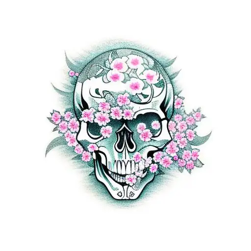 Skull And Sakura Flowers