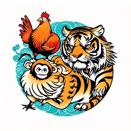 Monkey And Tiger And Chicken In A Asian Background