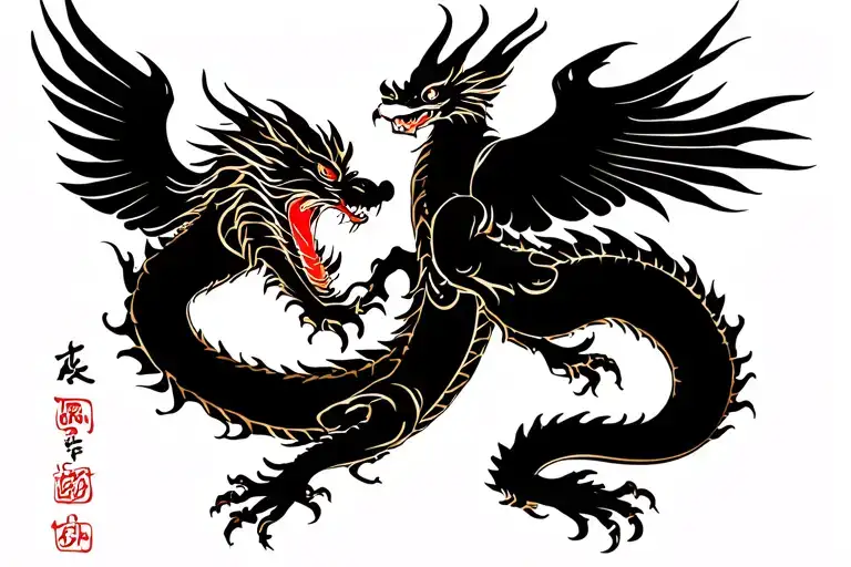 Dragon With Temple To Side And Phoenix Flying Above