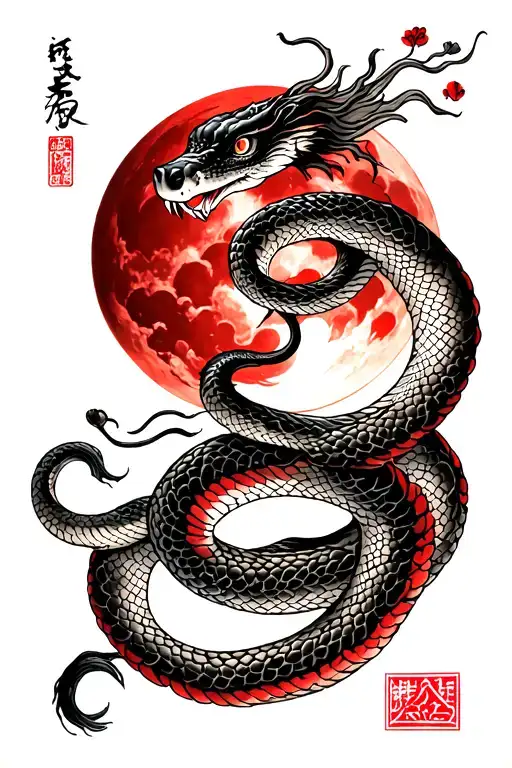 Neo Traditional Japanese Snake And Blood Moon