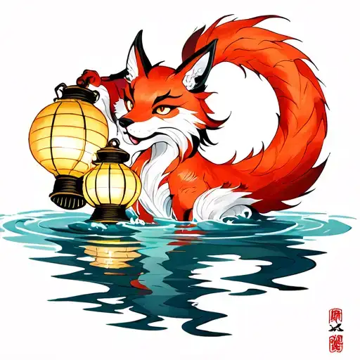 Nine Tailed Fox Holding A Lantern In Water