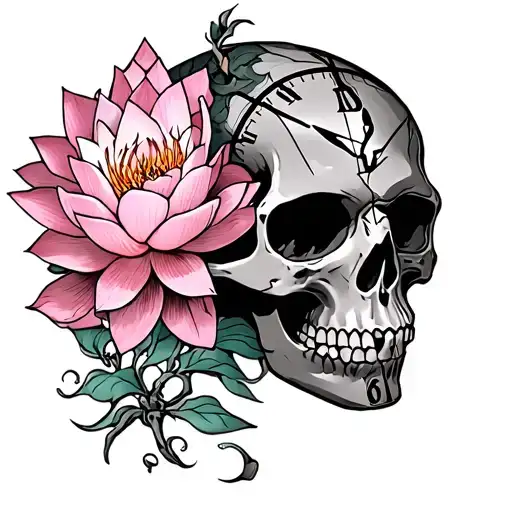 Black And Grey Skull With Broken Clock And Pink Lotus