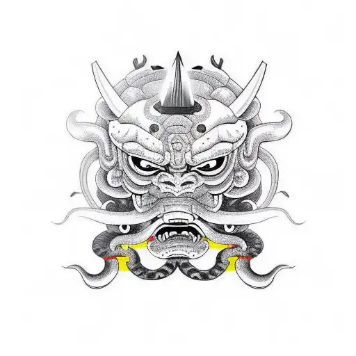 Oni Mask With A Saber Through The Mask And A Snake Around