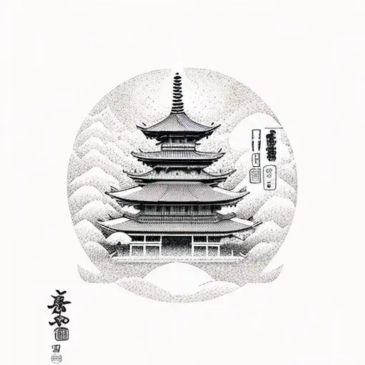Dotwork Pagoda With A Serene Japanese Garden Landscape As The Background