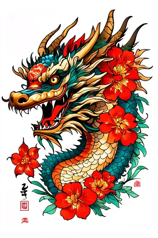 Yakuza Tattoo Design Featuring Dragon Flowers And Oni Mask