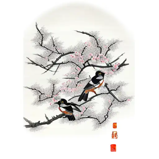 Magpies On Plum Blossom Branches With Chinese Landscape Background