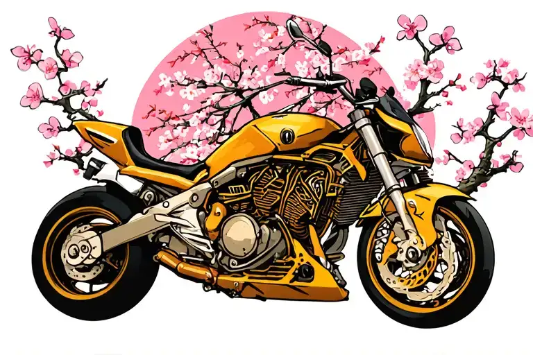 Motorcycle V Twin Engine With Cherry Blossoms In The Background