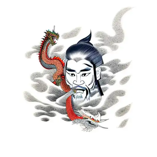 Samurai Cutting Off A Dragons Head Infront Of A Waterfall