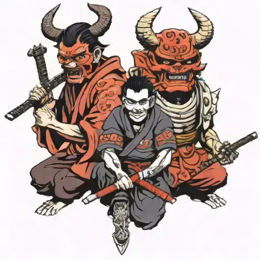 3 Demon Masks And A Samurai Kneeling In The Middle Leaning On A Samurai Sword