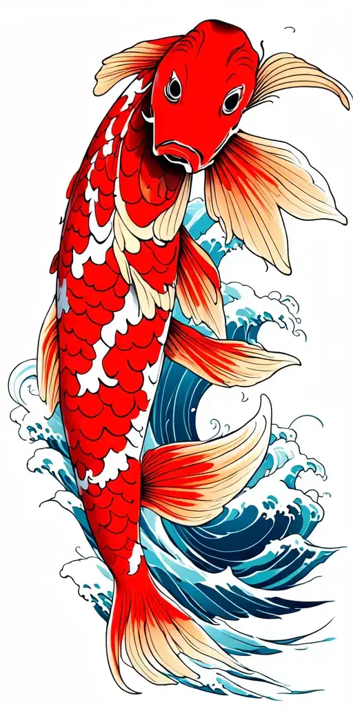 Red Koi Fish Emerging From The Ocean Waves