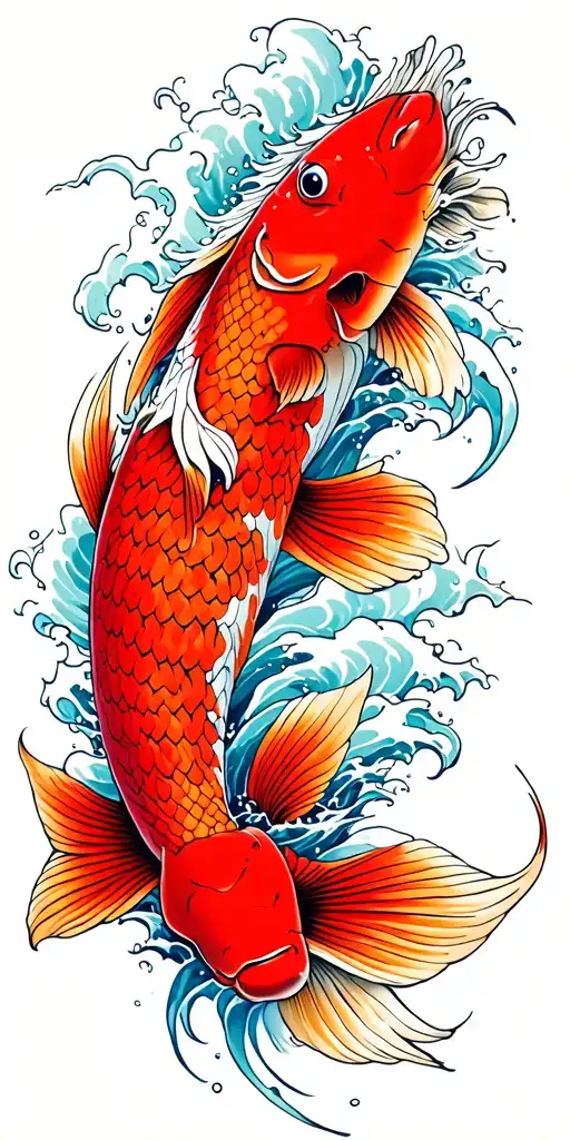 Red Koi Fish Emerging From The Ocean Waves
