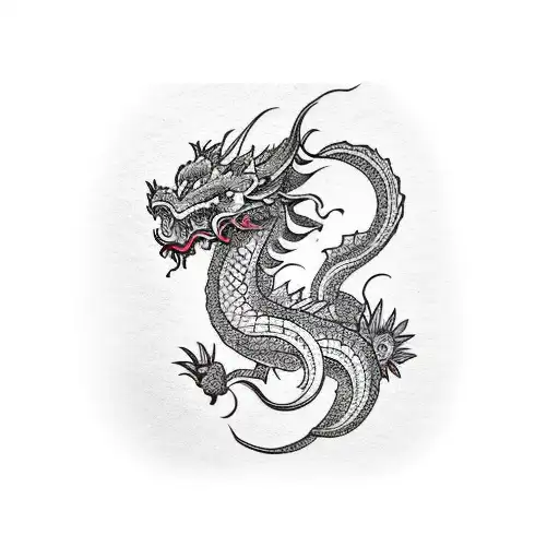 A Dotwork Tattoo Of A Japanese Dragon Surrounded By Flowers