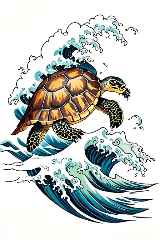Turtle Surfing Wave Crashing