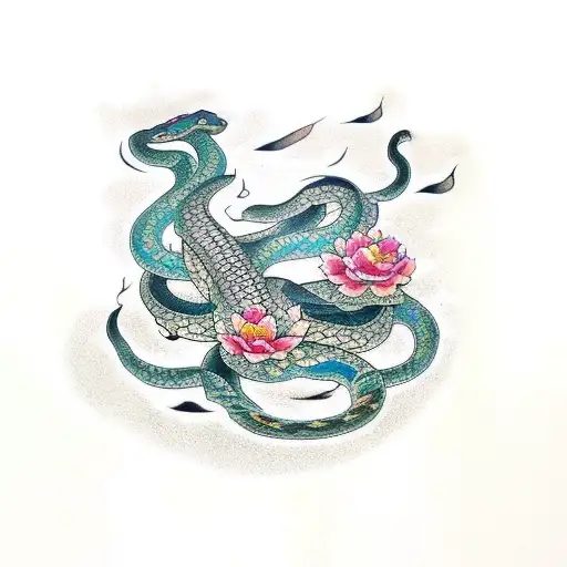 Snake And Sea And Flowers Full Tattoo Hand