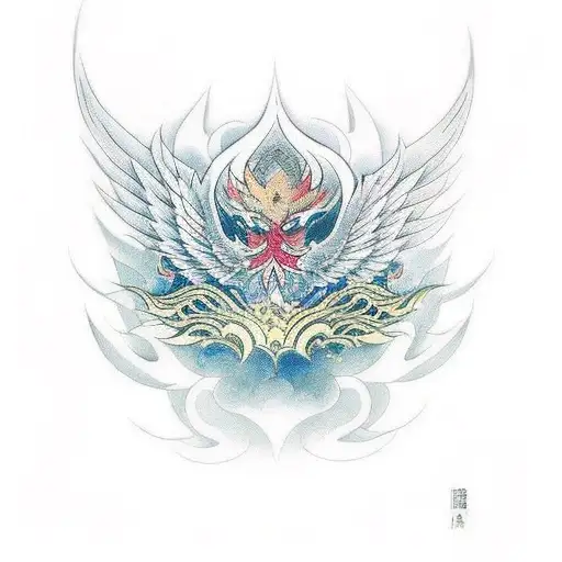 Phoenix With Lotus Flowers And A Kitsune Mask