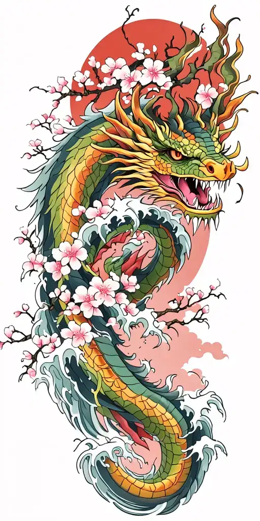A Fierce Dragon Emerging From The Ocean Waves With Cherry Blossom Trees In A Red Background