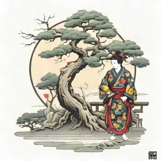 Bansai Tree With Geisha Samurai