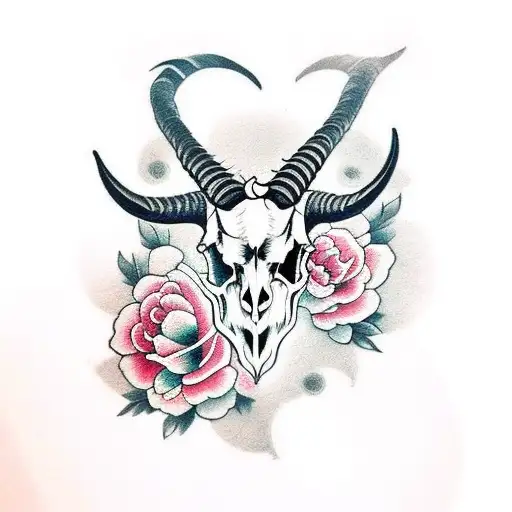 Goat Skull With Big Horns In Rose Flowers