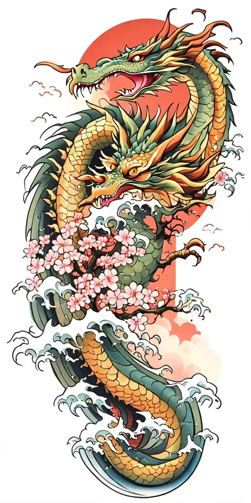 A Fierce Dragon Emerging From The Ocean Waves With Cherry Blossom Trees In The Red Background