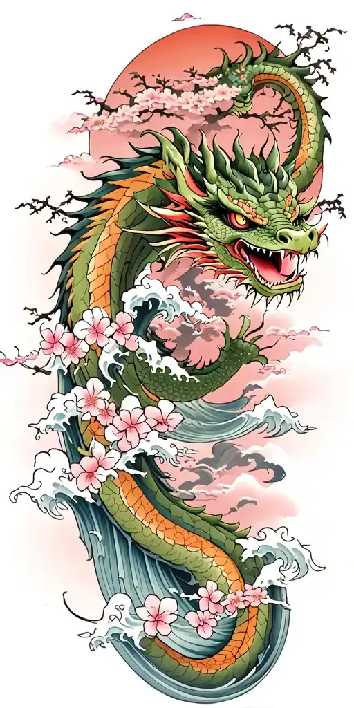 A Fierce Green Dragon Emerging From The Ocean Waves With Cherry Blossom Trees In The Background