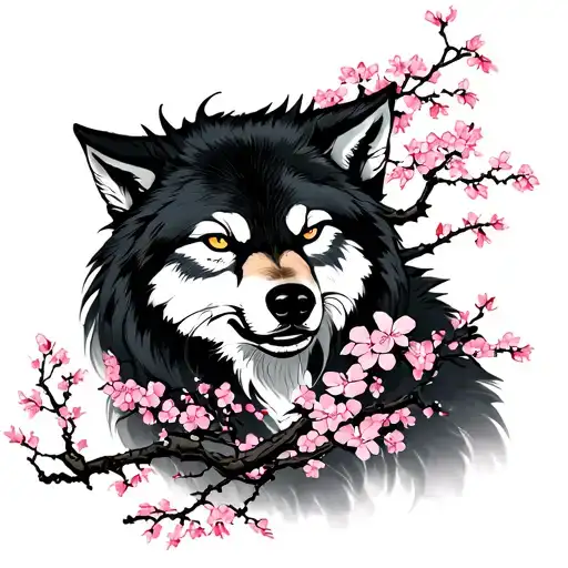 Samarai With A Cherry Blossom Tree And A Wolf